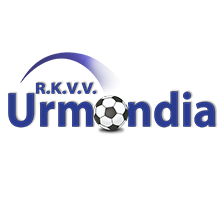 Logo van RKVV Urmondia met rood-witte kleuren en voetbal